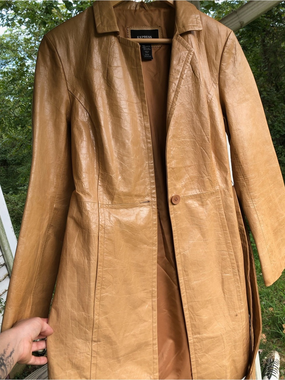 VTG Express tan leather mid length trench coat sz M 9/10 Y2K